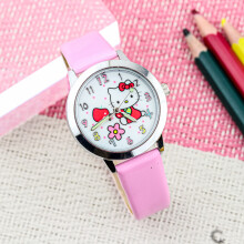 (Pink) Cartoon KT cat cute quartz watch, children's luminous pointer leather strap gift watch