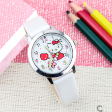(white) Cartoon KT cat cute quartz watch, children's luminous pointer leather strap gift watch