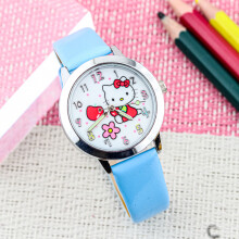 (Sky blue) Cartoon KT cat cute quartz watch, children's luminous pointer leather strap gift watch