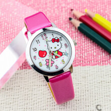 (Rose red) Cartoon KT cat cute quartz watch, children's luminous pointer leather strap gift watch