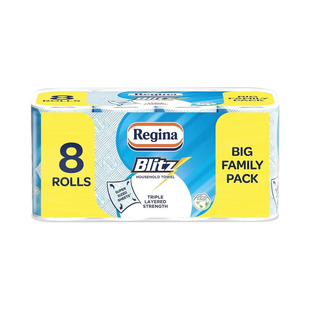(8 Rolls, Blitz) Regina Blitz Household Towels – 8 Triple Layered Rolls, 70 Sheets Per Roll, Paper Packaging, FSC Certified Paper, Recyclable Packagin