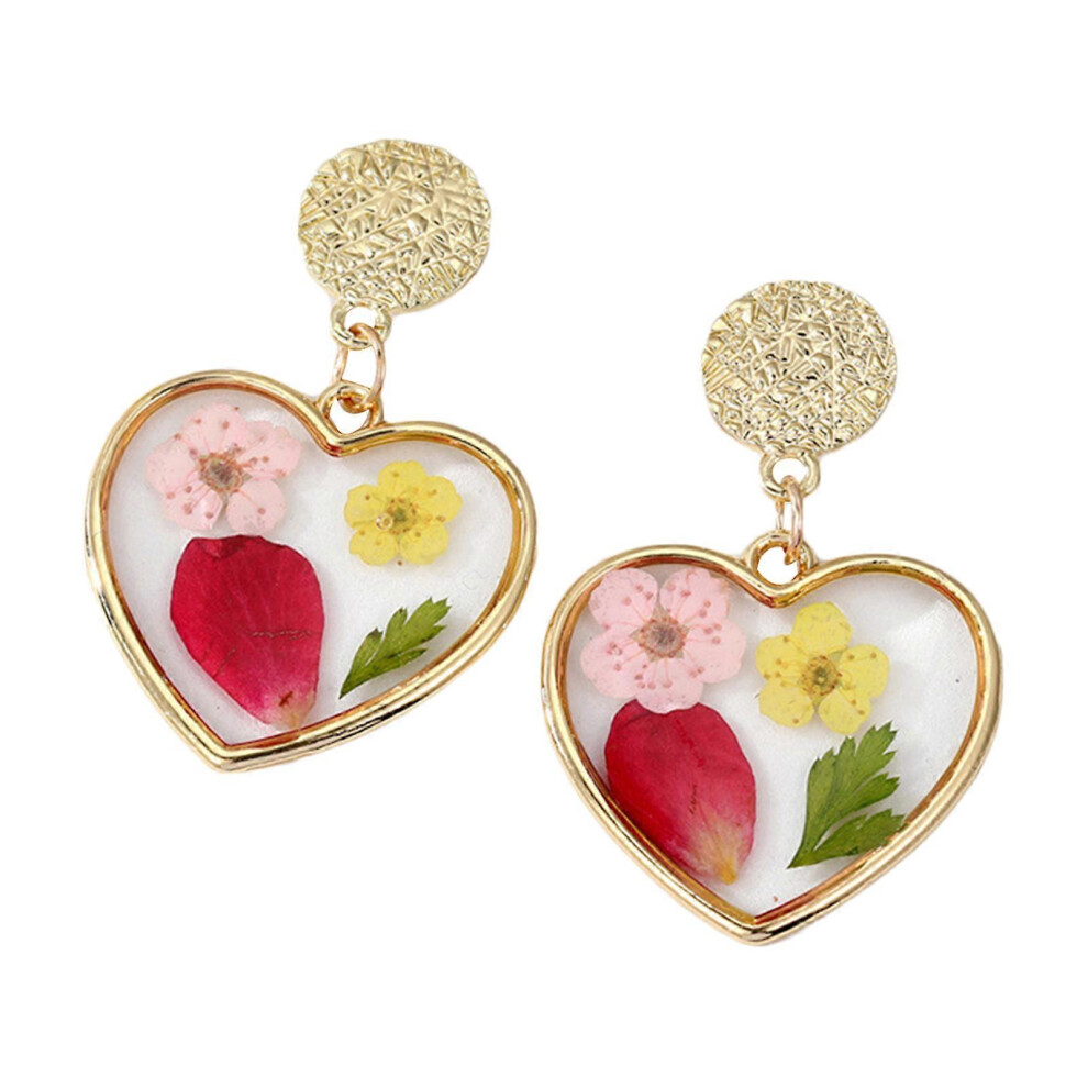(Heart shaped, One size) Transparent Gold Edge Dried Flower Earrings Women Resin Studs Earrings Ear Stud Bohemian Geometric Jewelry Gift for Girl