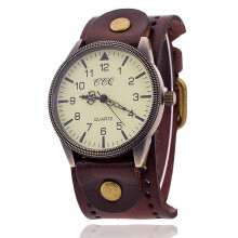 ("Deep Coffee") Fashionable large dial, simple cowhide strap men's retro business wristwatch