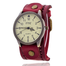 (red) Fashionable large dial, simple cowhide strap men's retro business wristwatch