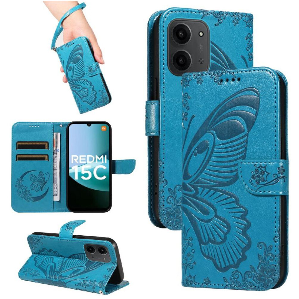 (Blue) Flip Case For Xiaomi Redmi 15C With Credit Card Slot Detachable Hand Strap High Quality Leather Embossed Butterfly Blue 764563065677