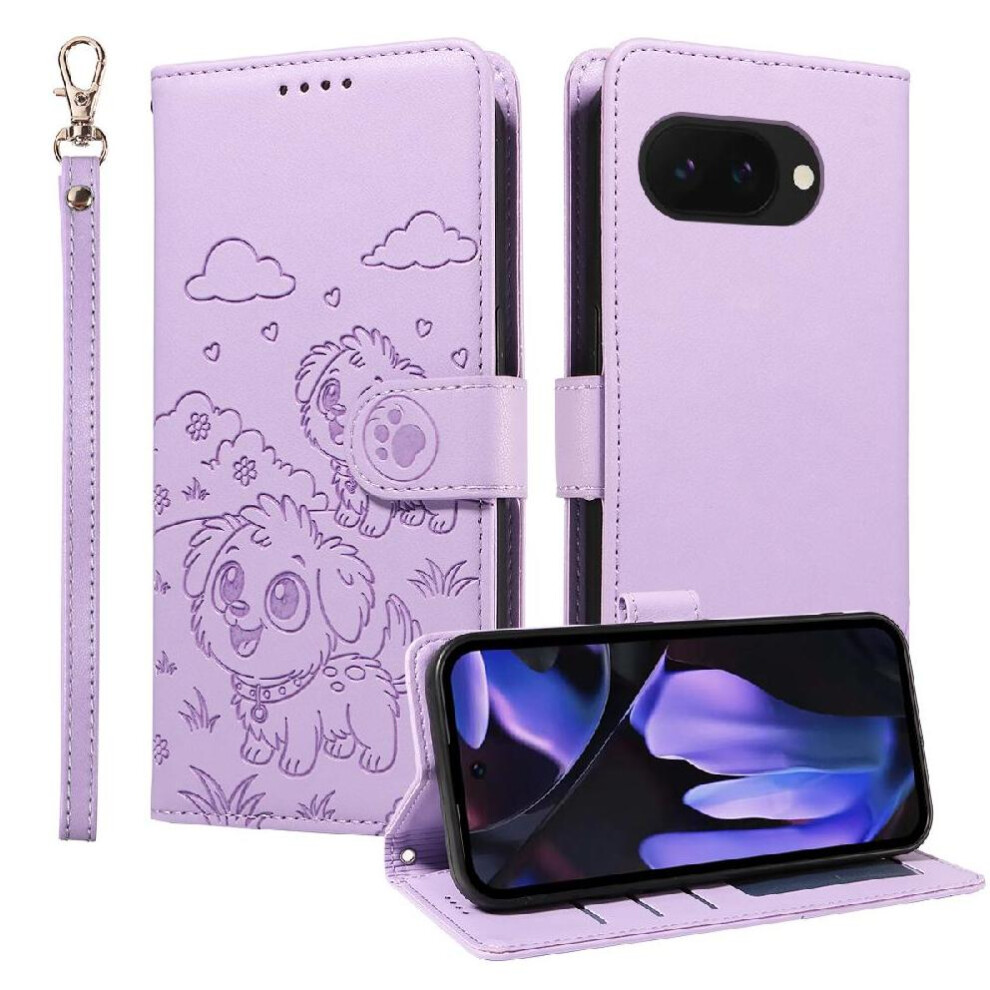 (Purple) Case For Google Pixel 9A Card Slot Holders Dog Embossed Leather Pocket Wrist Strap Purple 764563065691