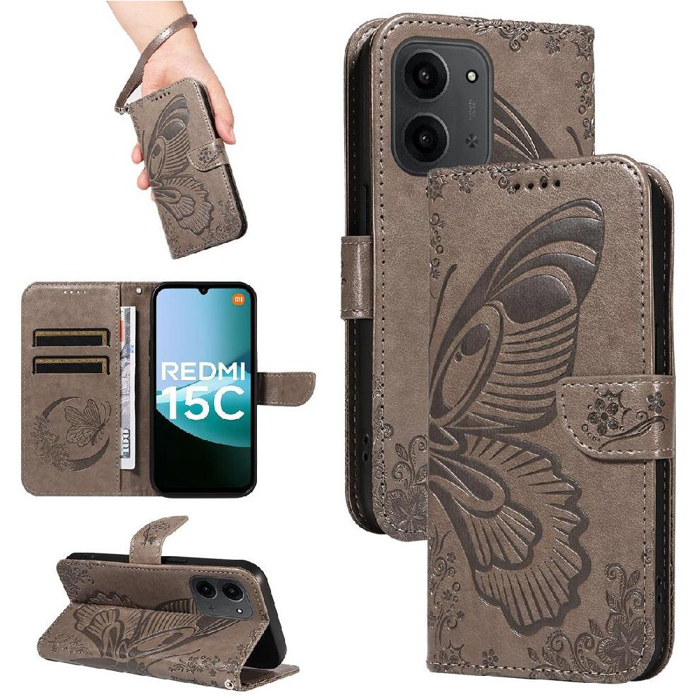 ( ) Flip Case For Xiaomi Redmi 15C With Credit Card Slot Detachable Hand Strap High Quality Leather Embossed Butterfly Gray 764563065646