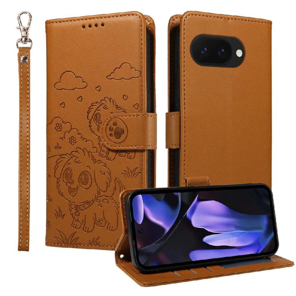 (Brown) Case For Google Pixel 9A Card Slot Holders Dog Embossed Leather Pocket Wrist Strap Brown 764563065721
