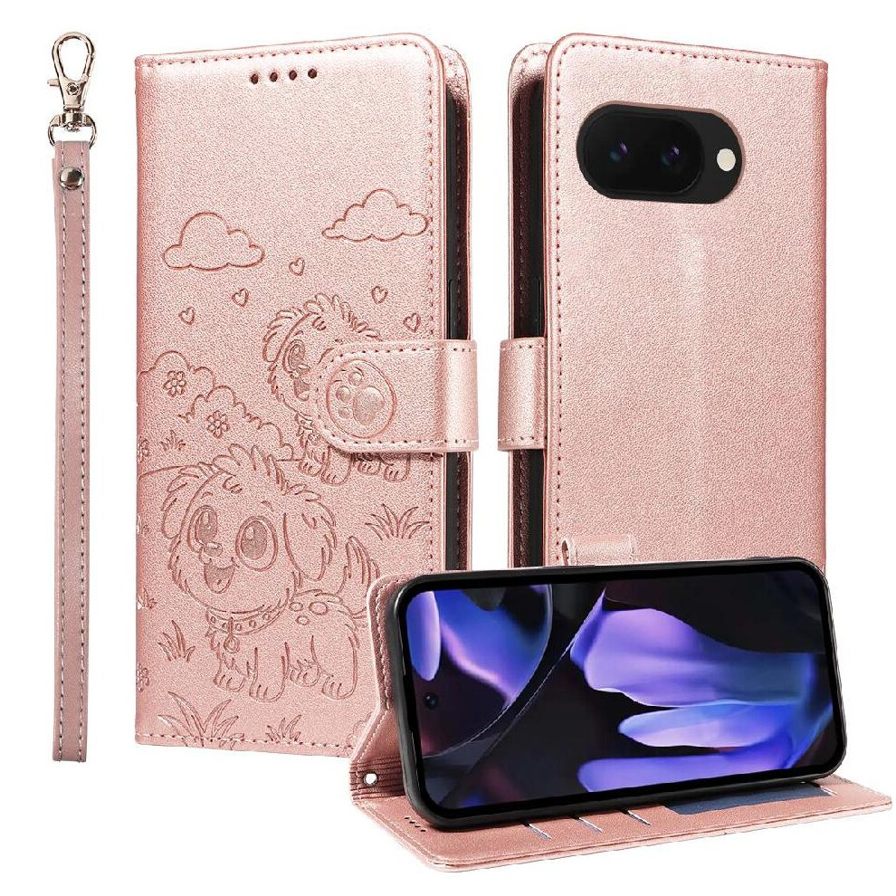 (Pink) Case For Google Pixel 9A Card Slot Holders Dog Embossed Leather Pocket Wrist Strap Pink 764563065707