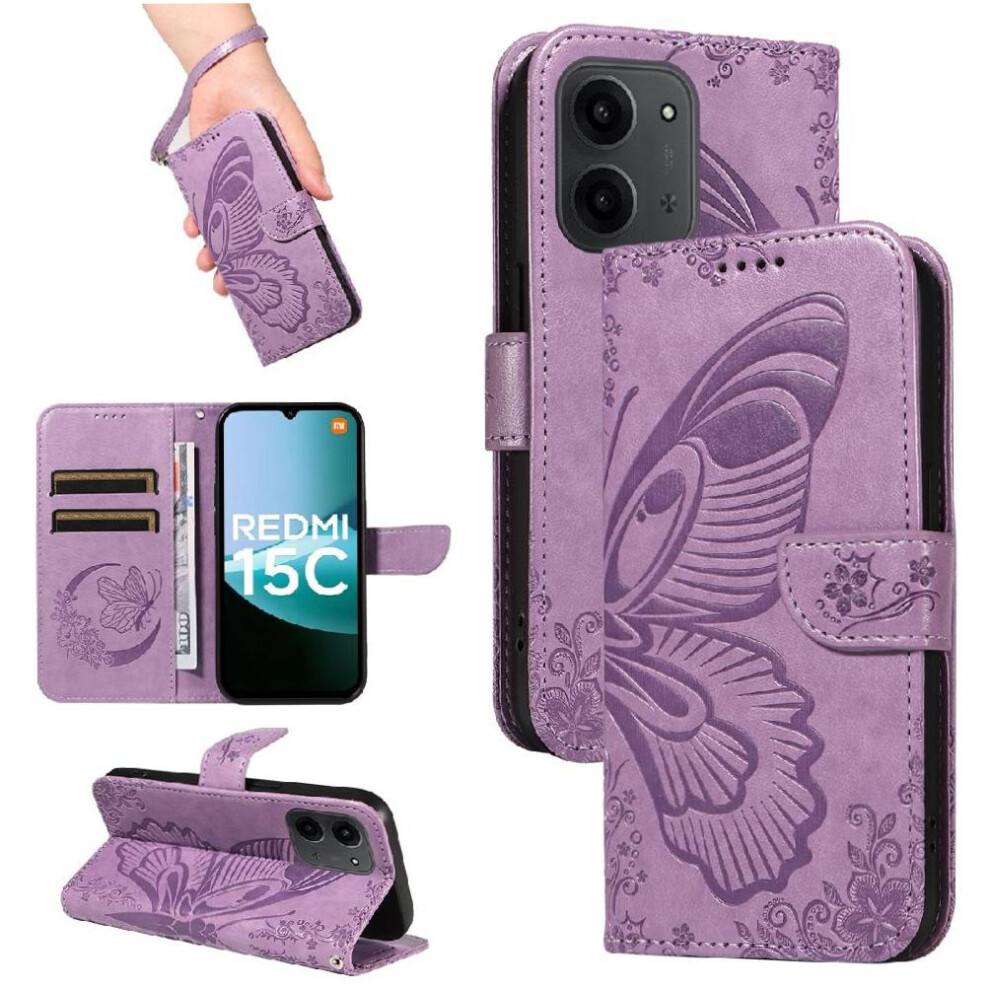 (Purple) Flip Case For Xiaomi Redmi 15C With Credit Card Slot Detachable Hand Strap High Quality Leather Embossed Butterfly Purple 764563065653