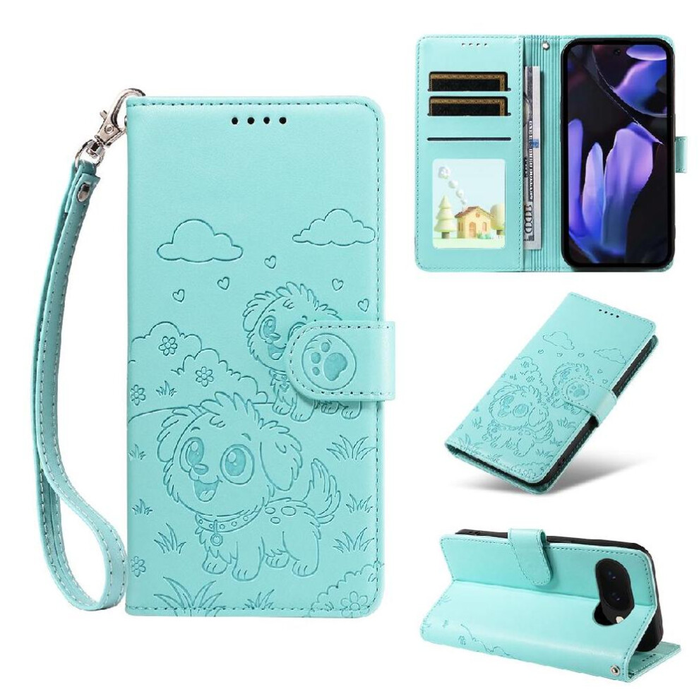 (Green) Case For Google Pixel 9A Card Slot Holders Dog Embossed Leather Pocket Wrist Strap Green 764563065684