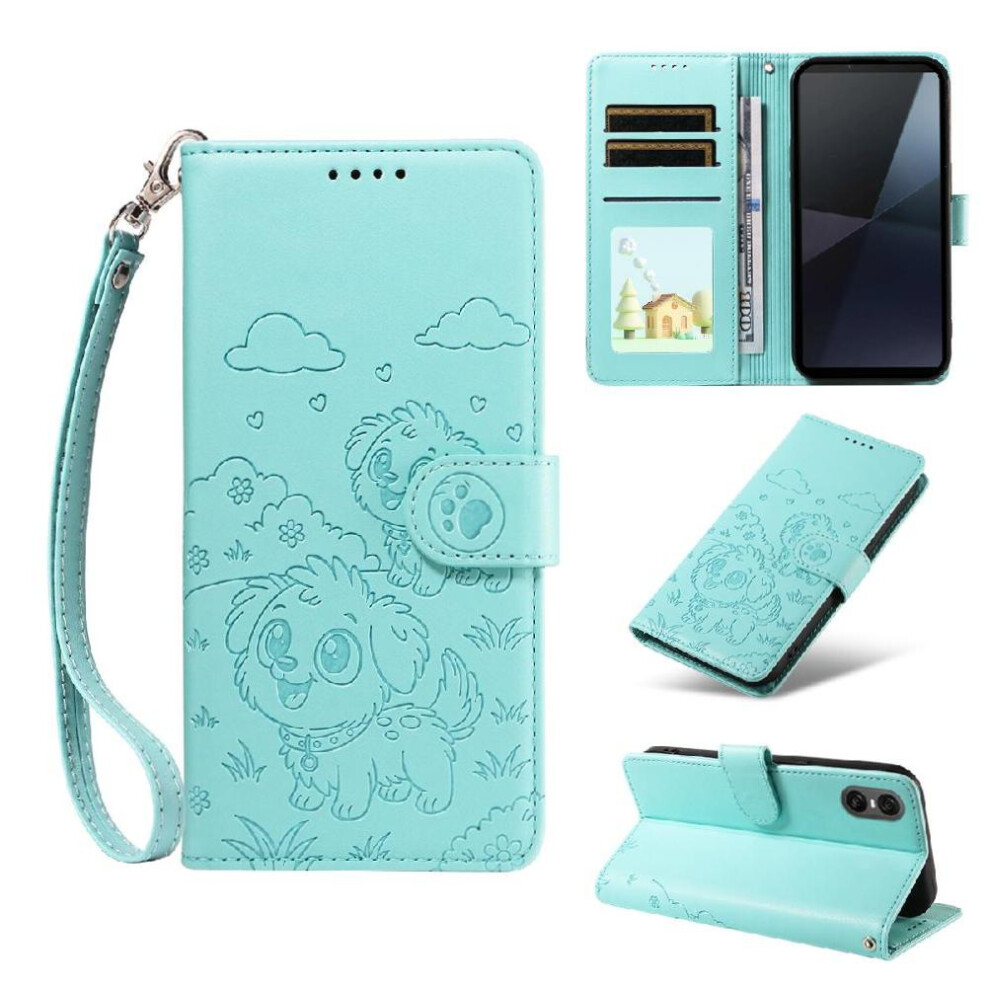 (Green) Case For Sony Xperia 10 Vi Pocket Dog Embossed Leather Wrist Strap Card Slot Holders Green 764563066087