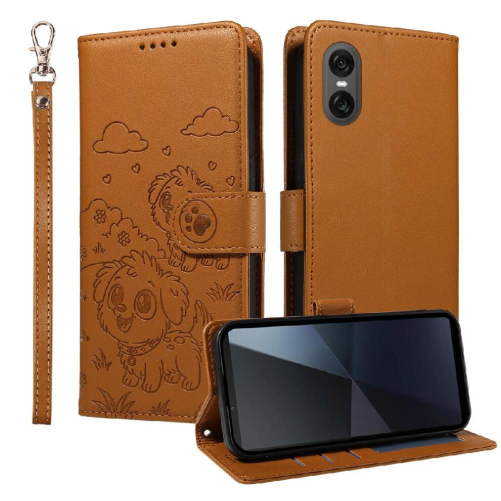 (Brown) Case For Sony Xperia 10 Vi Pocket Dog Embossed Leather Wrist Strap Card Slot Holders Brown 764563066124
