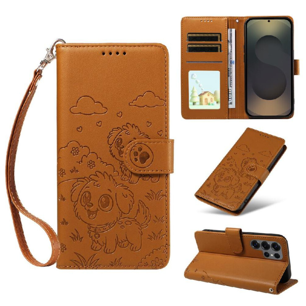 (Brown) Case For Samsung Galaxy S25 Ultra Card Slot Holders Dog Embossed Pocket Wrist Strap Leather Brown 764563066414