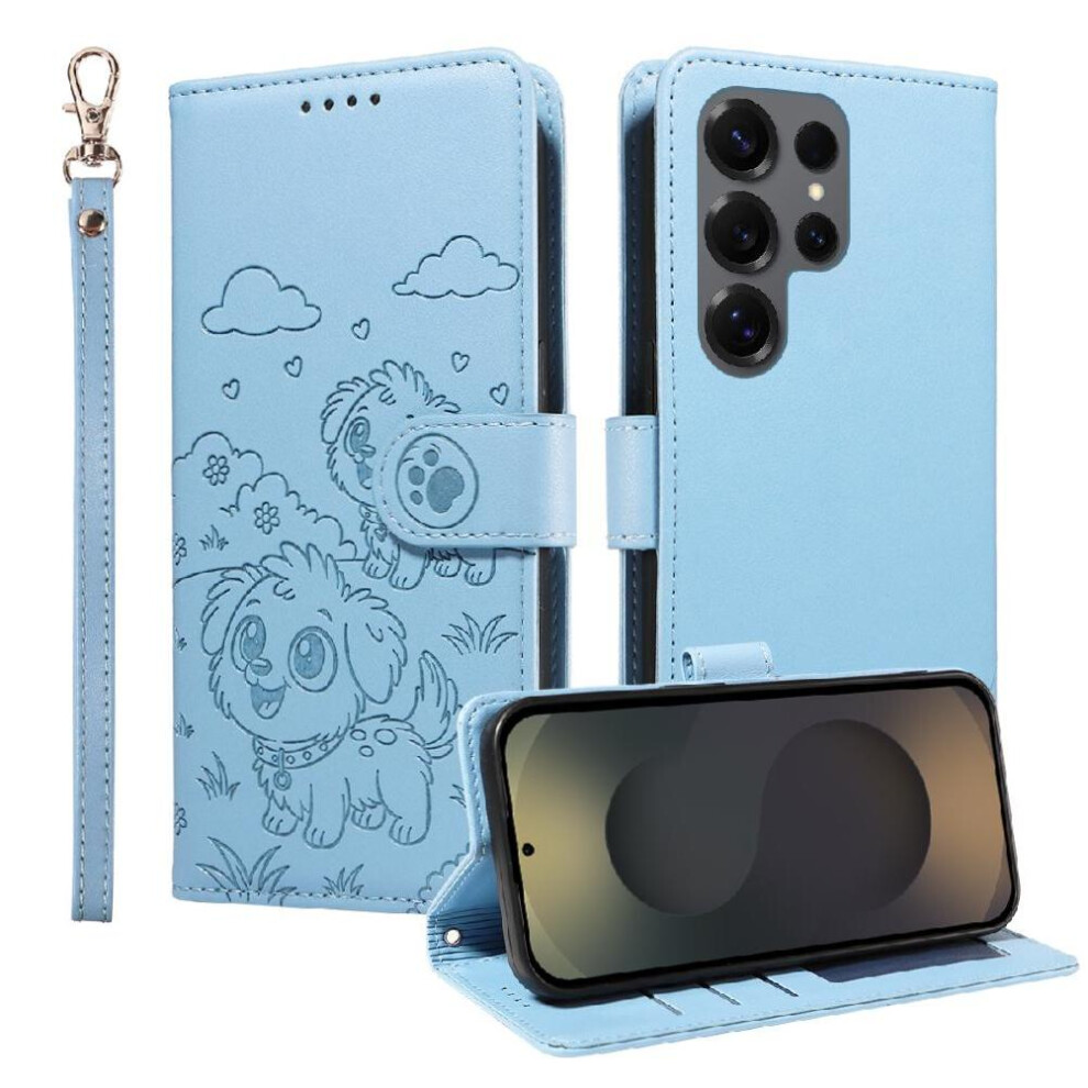 (Blue) Case For Samsung Galaxy S25 Ultra Card Slot Holders Dog Embossed Pocket Wrist Strap Leather Blue 764563066407