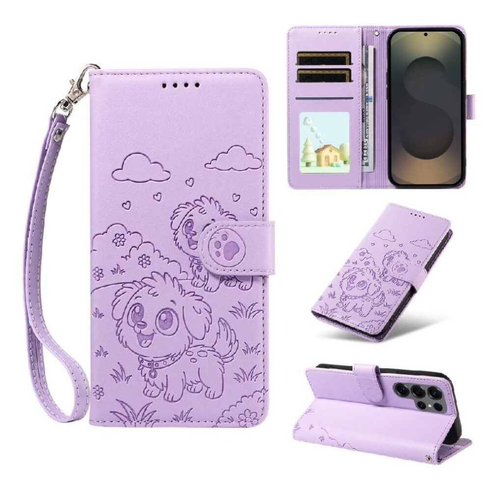 (Purple) Case For Samsung Galaxy S25 Ultra Card Slot Holders Dog Embossed Pocket Wrist Strap Leather Purple 764563066384