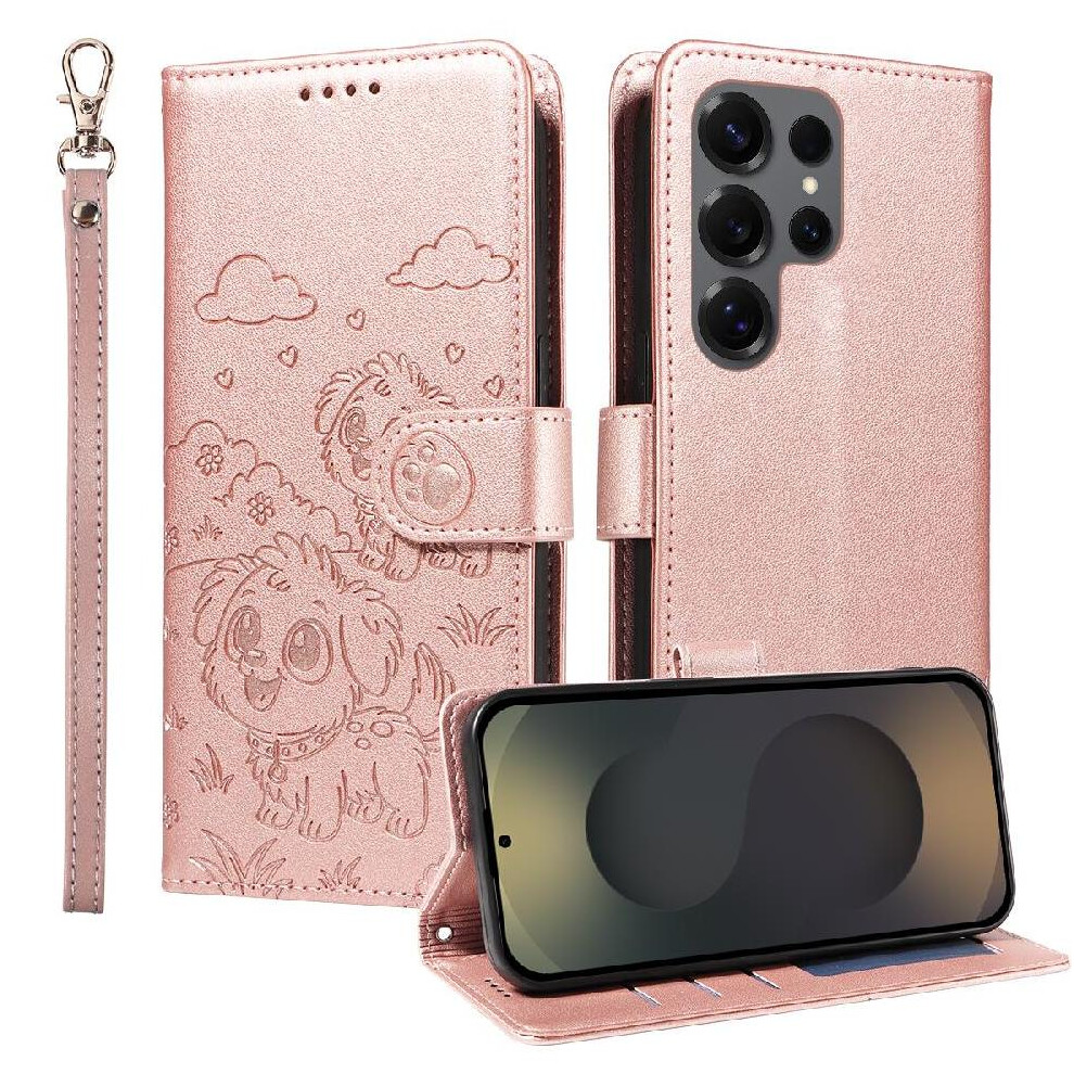 (Pink) Case For Samsung Galaxy S25 Ultra Card Slot Holders Dog Embossed Pocket Wrist Strap Leather Pink 764563066391