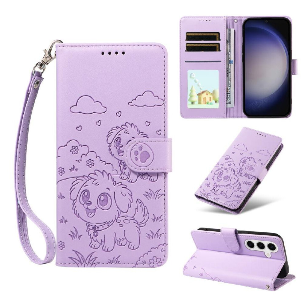 (Purple) Case For Samsung Galaxy S25 Plus Wrist Strap Dog Embossed Card Slot Holders Pocket Leather Purple 764563066490