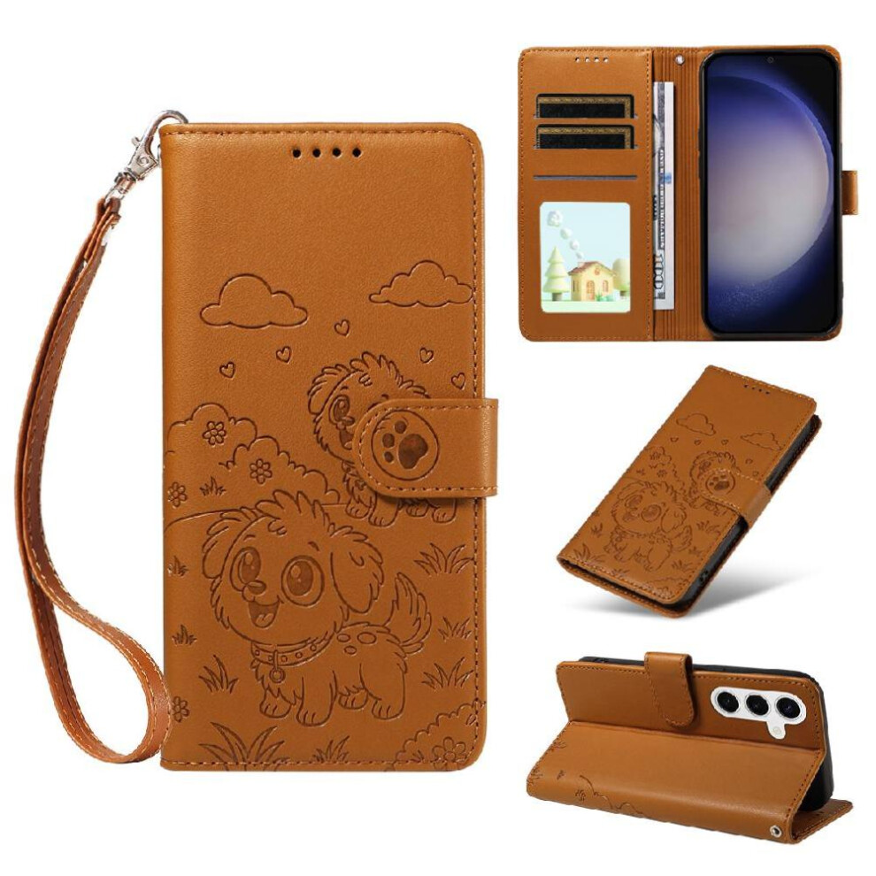 (Brown) Case For Samsung Galaxy S25 Plus Wrist Strap Dog Embossed Card Slot Holders Pocket Leather Brown 764563066520