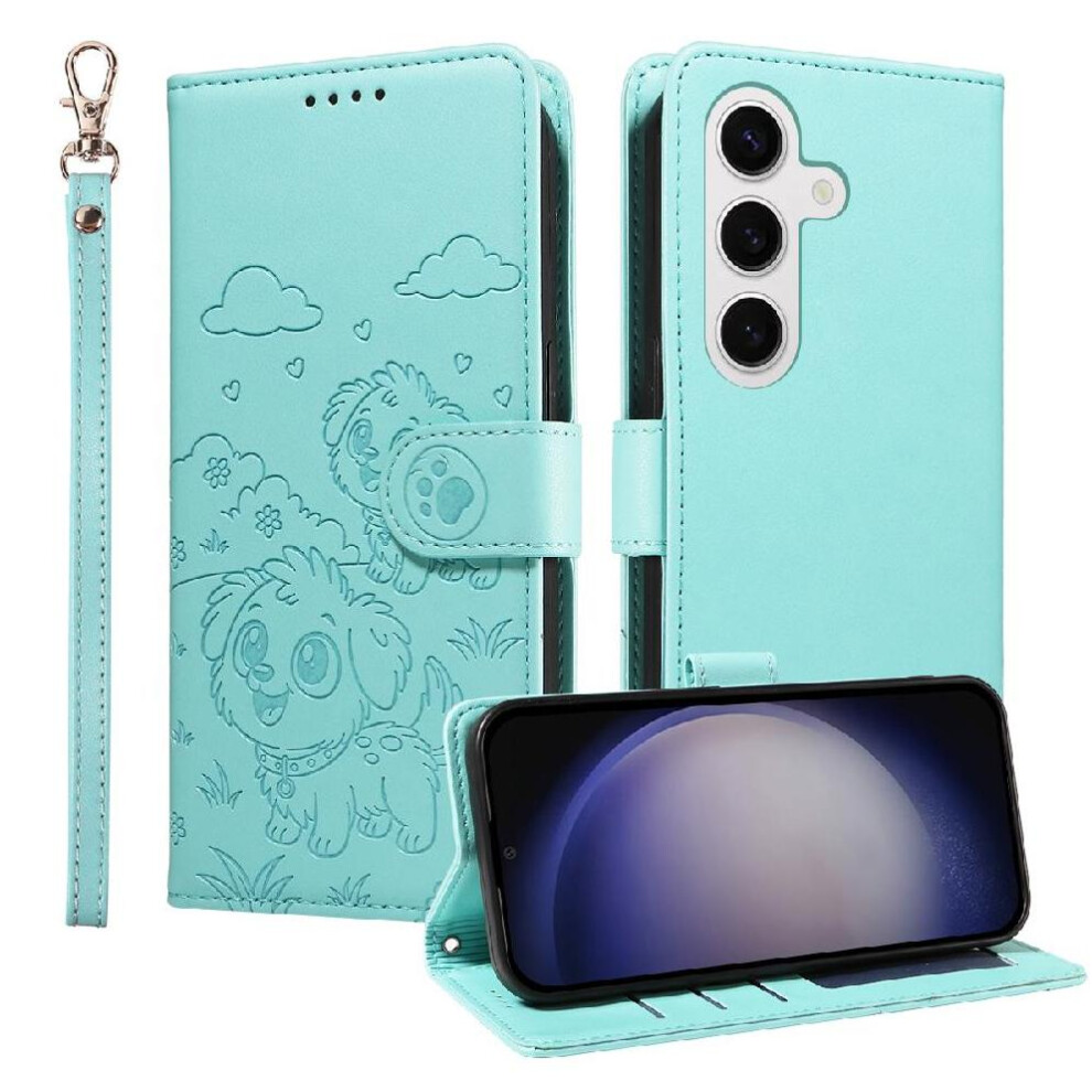 (Green) Case For Samsung Galaxy S24 Plus Wrist Strap Pocket Leather Dog Embossed Card Slot Holders Green 764563066537
