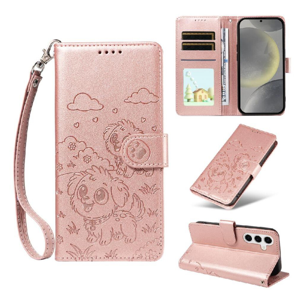 (Pink) Case For Samsung Galaxy S24 Wrist Strap Pocket Card Slot Holders Dog Embossed Leather Pink 764563066667