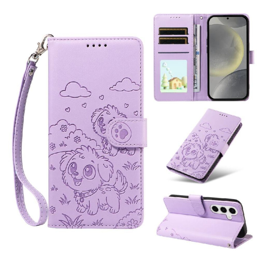 (Purple) Case For Samsung Galaxy S25 Wrist Strap Dog Embossed Card Slot Holders Pocket Leather Purple 764563066766