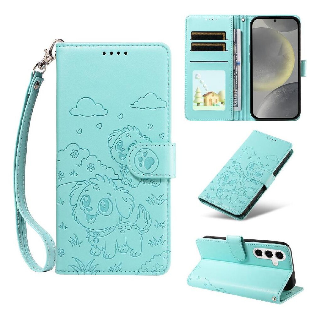 (Green) Case For Samsung Galaxy S25 Wrist Strap Dog Embossed Card Slot Holders Pocket Leather Green 764563066759