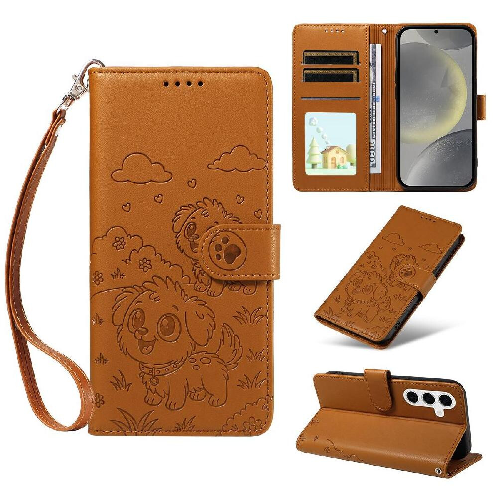 (Brown) Case For Samsung Galaxy S25 Wrist Strap Dog Embossed Card Slot Holders Pocket Leather Brown 764563066797