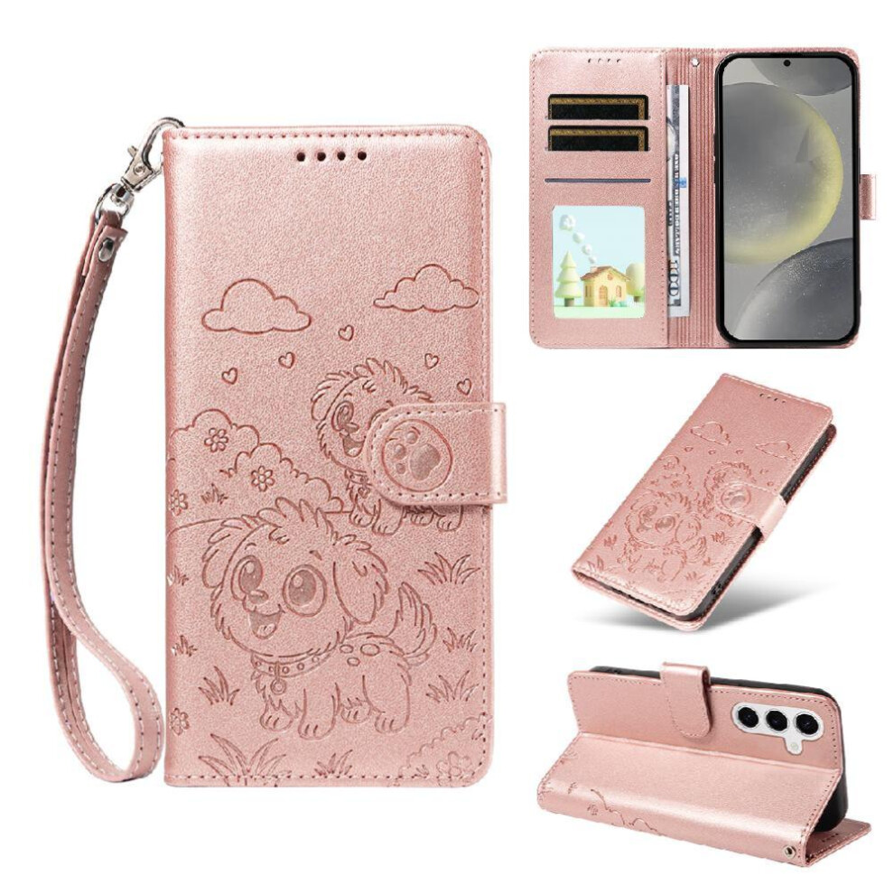 (Pink) Case For Samsung Galaxy S25 Wrist Strap Dog Embossed Card Slot Holders Pocket Leather Pink 764563066773
