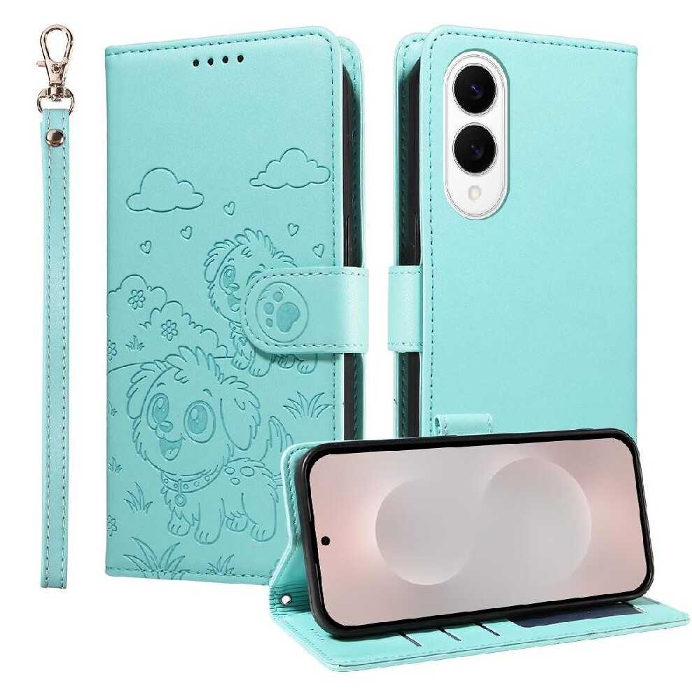 (Green) Case For Samsung Galaxy S25 Edge Dog Embossed Card Slot Holders Wrist Strap Leather Pocket Green 764563066803