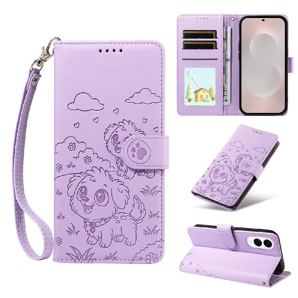 (Purple) Case For Samsung Galaxy S25 Edge Dog Embossed Card Slot Holders Wrist Strap Leather Pocket Purple 764563066810