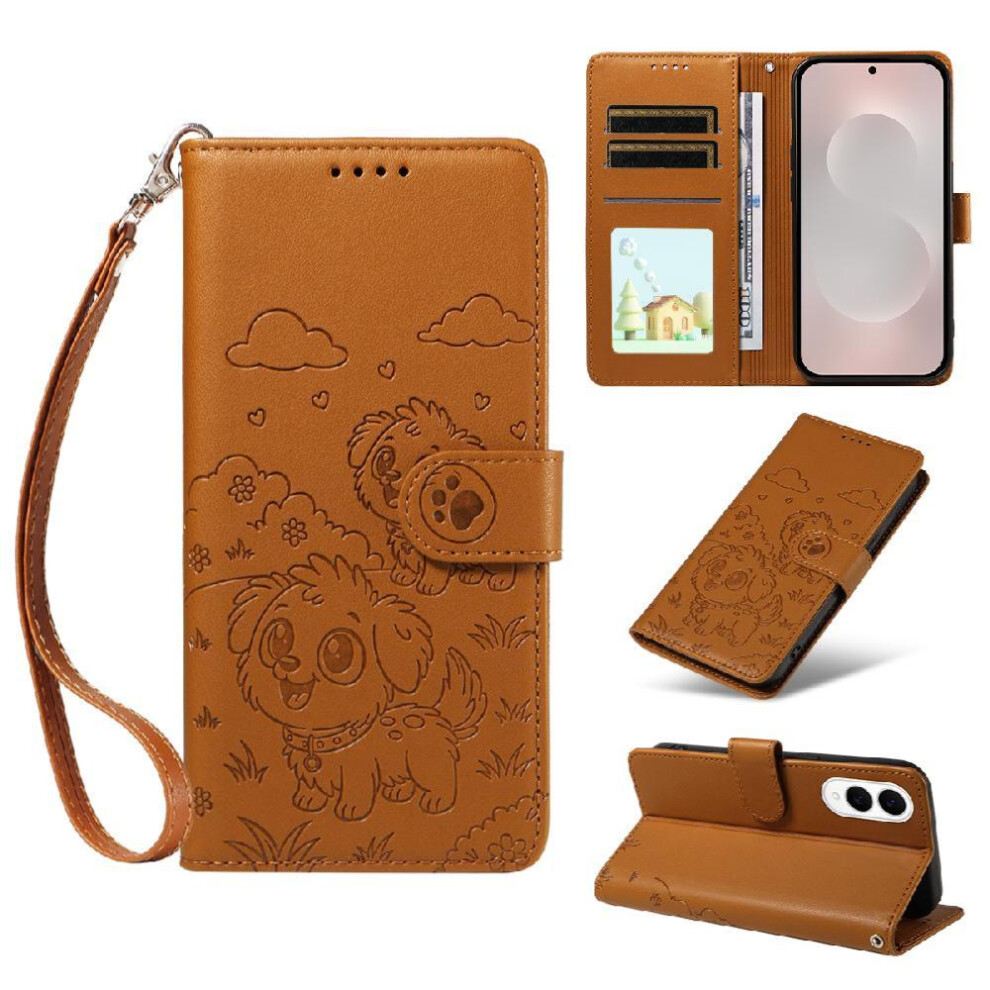 (Brown) Case For Samsung Galaxy S25 Edge Dog Embossed Card Slot Holders Wrist Strap Leather Pocket Brown 764563066841
