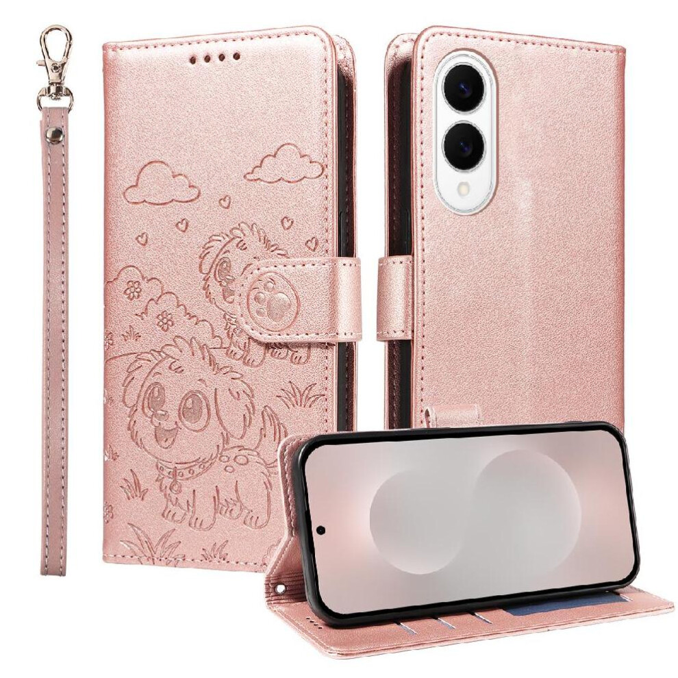 (Pink) Case For Samsung Galaxy S25 Edge Dog Embossed Card Slot Holders Wrist Strap Leather Pocket Pink 764563066827