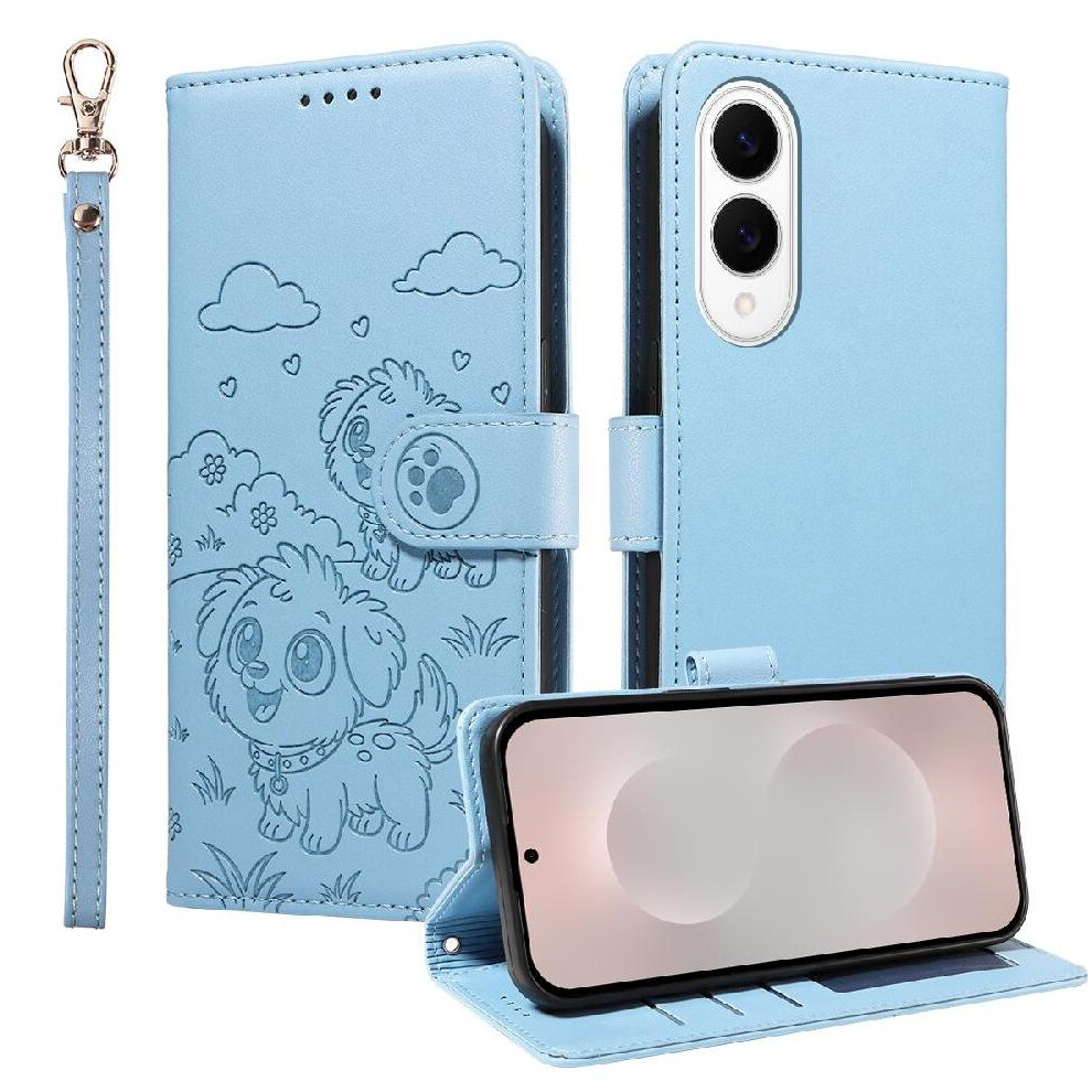 (Blue) Case For Samsung Galaxy S25 Edge Dog Embossed Card Slot Holders Wrist Strap Leather Pocket Blue 764563066834