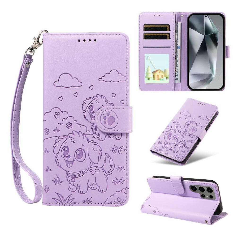 (Purple) Case For Samsung Galaxy S24 Ultra Leather Pocket Wrist Strap Dog Embossed Card Slot Holders Purple 764563066865