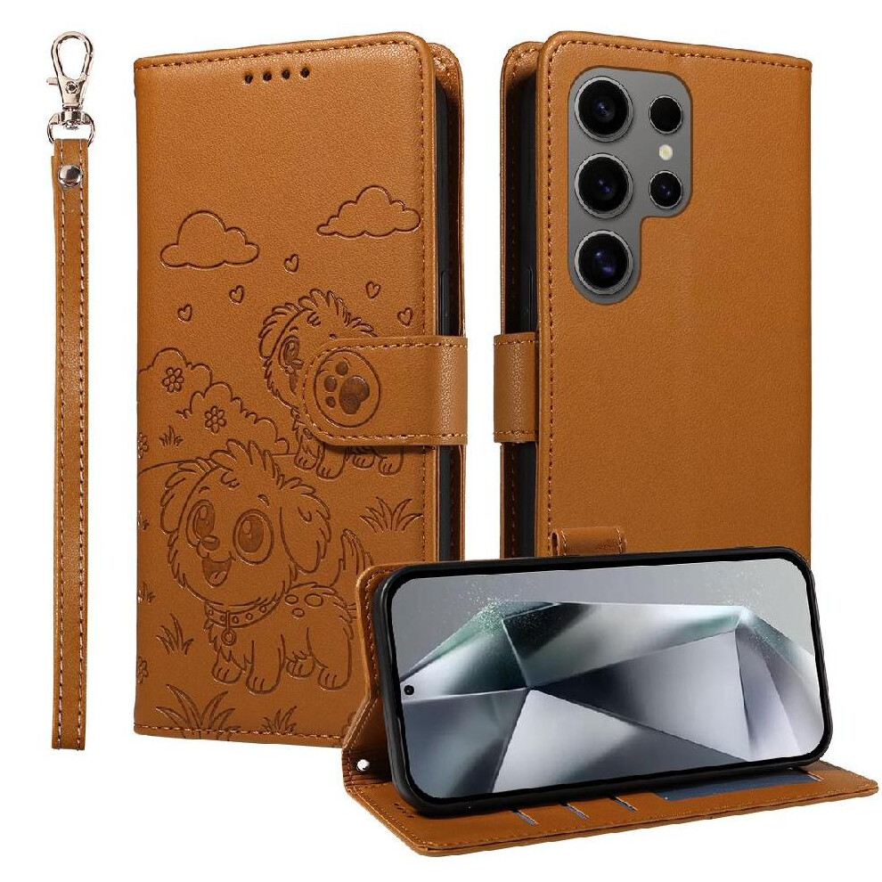 (Brown) Case For Samsung Galaxy S24 Ultra Leather Pocket Wrist Strap Dog Embossed Card Slot Holders Brown 764563066896