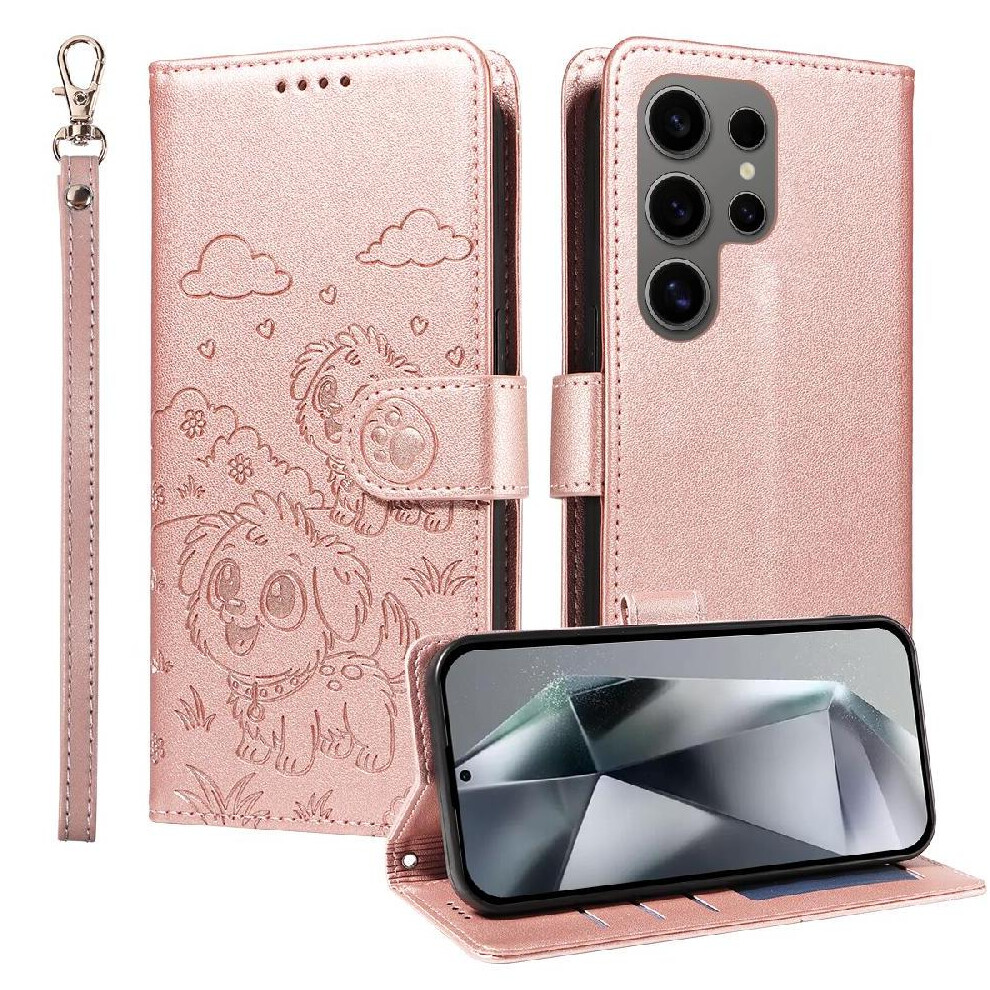 (Pink) Case For Samsung Galaxy S24 Ultra Leather Pocket Wrist Strap Dog Embossed Card Slot Holders Pink 764563066872