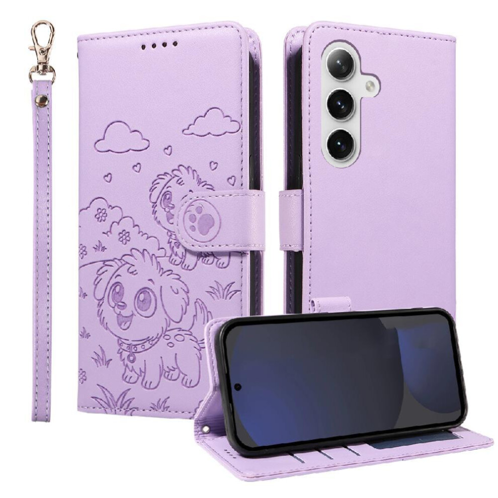 (Purple) Case For Samsung Galaxy S24 Fe Wrist Strap Dog Embossed Leather Card Slot Holders Pocket Purple 764563067039