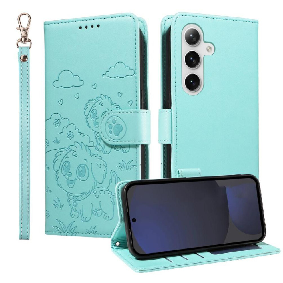 (Green) Case For Samsung Galaxy S24 Fe Wrist Strap Dog Embossed Leather Card Slot Holders Pocket Green 764563067022