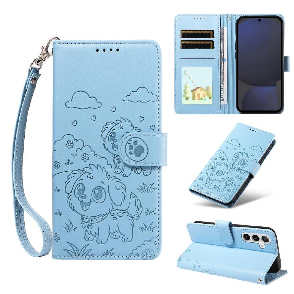 (Blue) Case For Samsung Galaxy S24 Fe Wrist Strap Dog Embossed Leather Card Slot Holders Pocket Blue 764563067053