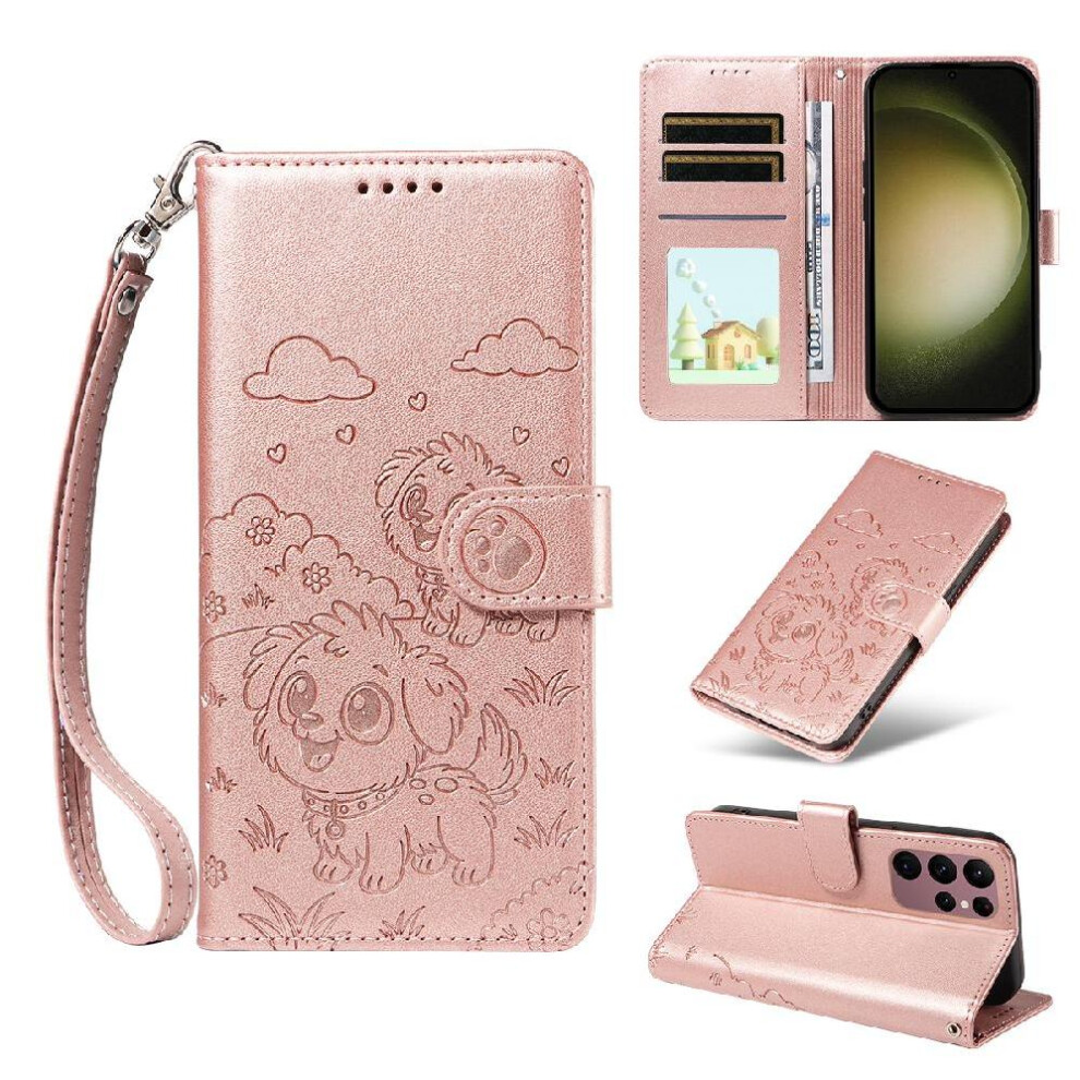 (Pink) Case For Samsung Galaxy S23 Ultra Wrist Strap Dog Embossed Card Slot Holders Leather Pocket Pink 764563067091