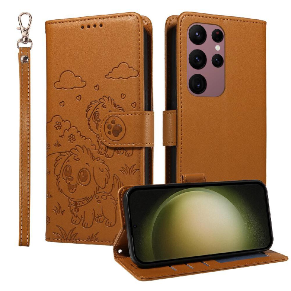 (Brown) Case For Samsung Galaxy S23 Ultra Wrist Strap Dog Embossed Card Slot Holders Leather Pocket Brown 764563067114