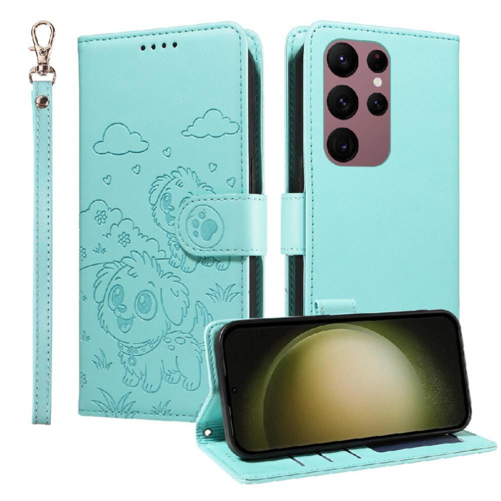 (Green) Case For Samsung Galaxy S23 Ultra Wrist Strap Dog Embossed Card Slot Holders Leather Pocket Green 764563067077