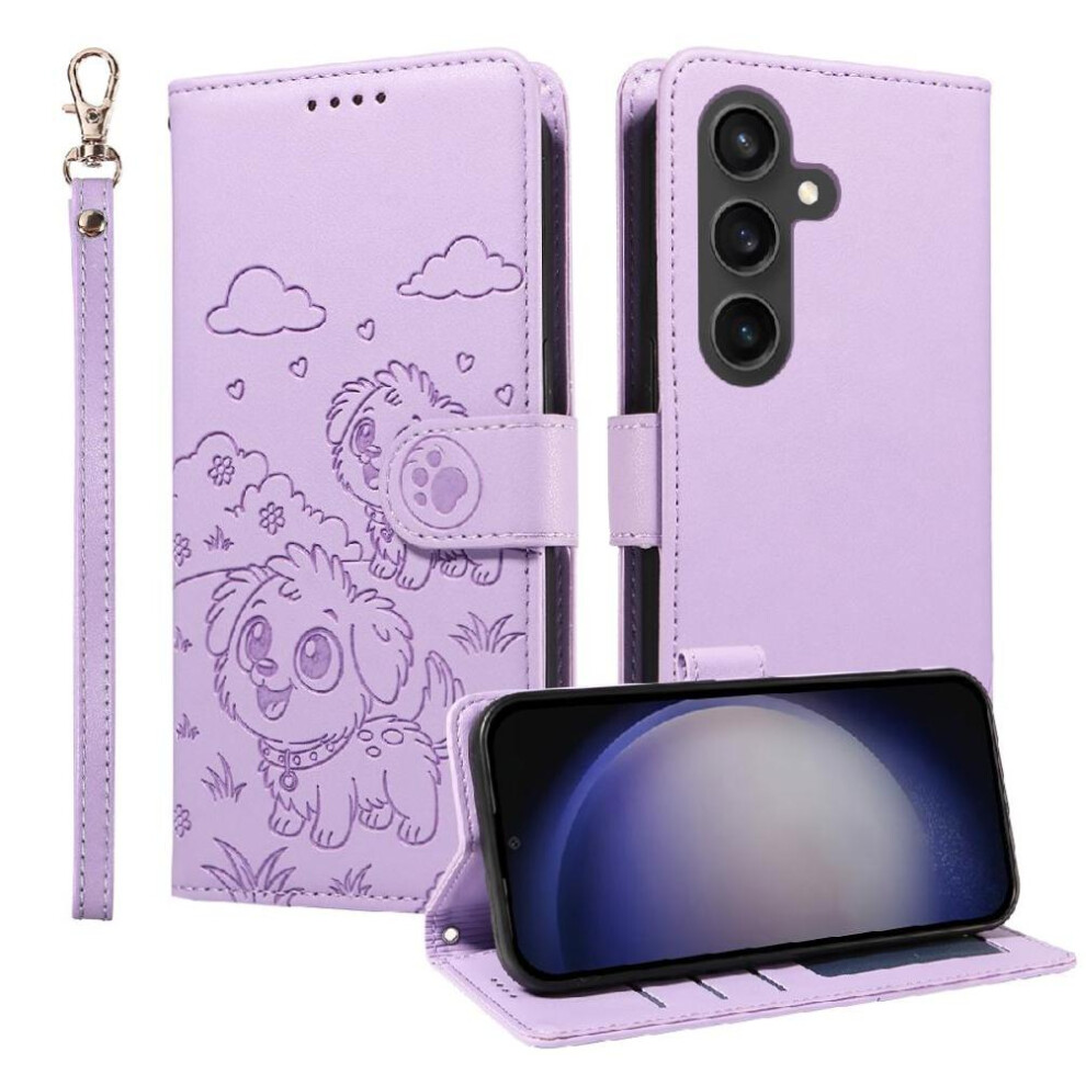 (Purple) Case For Samsung Galaxy S23 Fe Dog Embossed Wrist Strap Leather Card Slot Holders Pocket Purple 764563067183