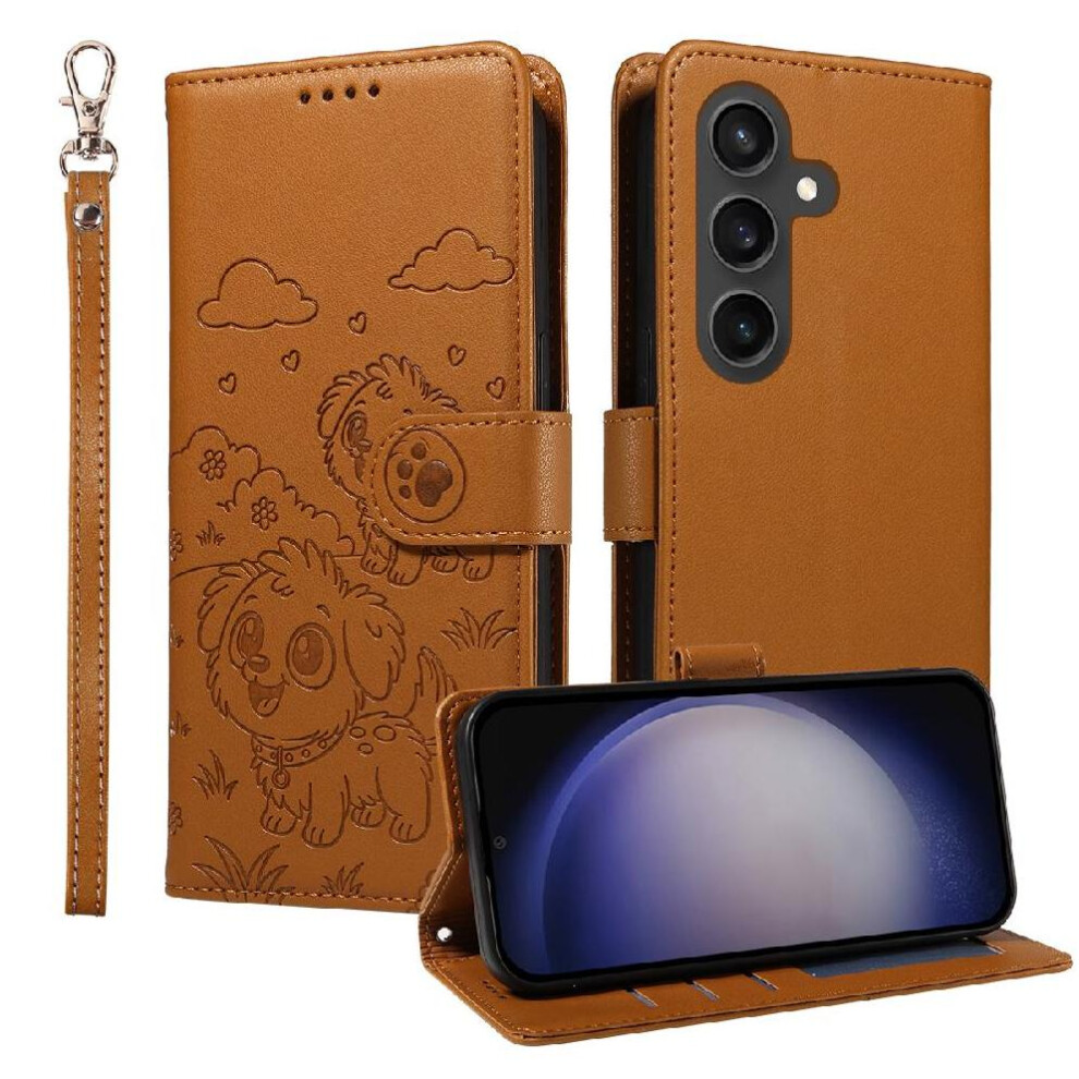 (Brown) Case For Samsung Galaxy S23 Fe Dog Embossed Wrist Strap Leather Card Slot Holders Pocket Brown 764563067213