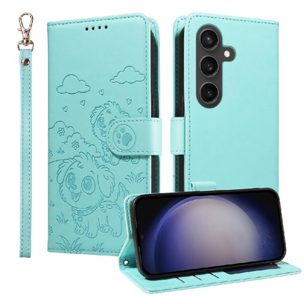 (Green) Case For Samsung Galaxy S23 Fe Dog Embossed Wrist Strap Leather Card Slot Holders Pocket Green 764563067176