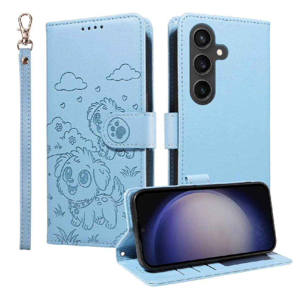 (Blue) Case For Samsung Galaxy S23 Fe Dog Embossed Wrist Strap Leather Card Slot Holders Pocket Blue 764563067206
