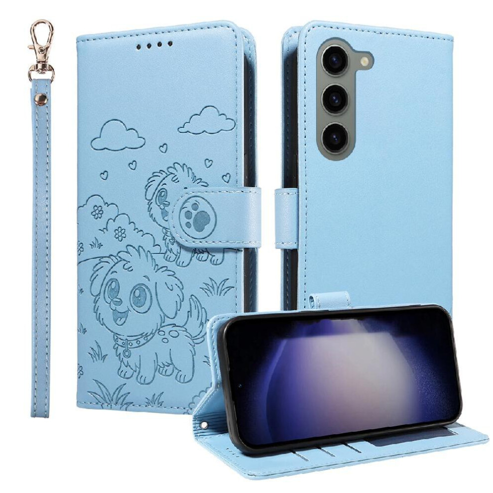 Gangxun (Blue) Case For Samsung Galaxy S23 Leather Wrist Strap Pocket Dog Embossed Card Slot Holders