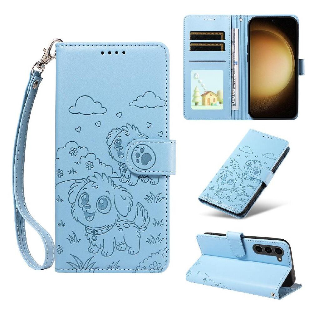 Photos - Case   for Samsung Galaxy S23 Plus Wrist Strap Card Slot Holders Dog Embossed Pocket Leather(Blue)
