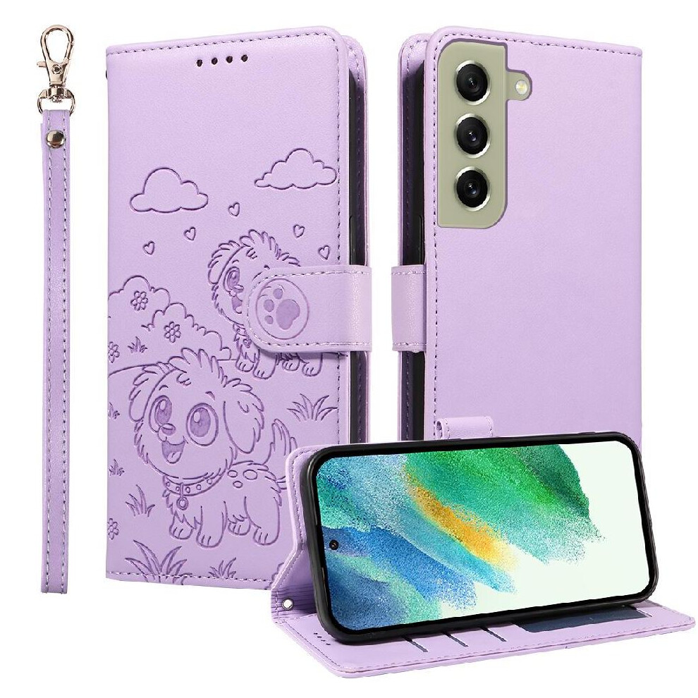 (Purple) Case For Samsung Galaxy S21 Fe Dog Embossed Leather Pocket Wrist Strap Card Slot Holders Purple 764563067343